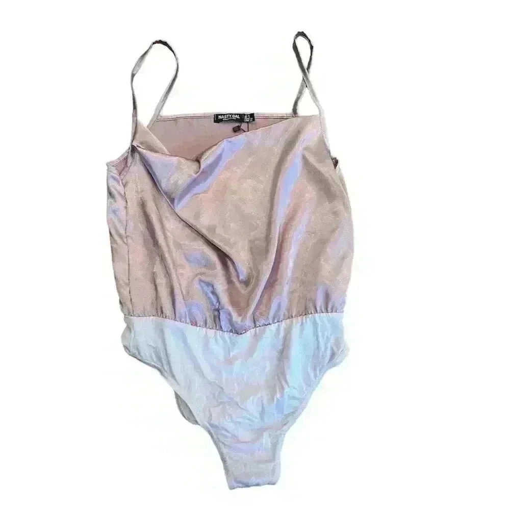 Nasty Gal Women's Blush Pink Satin Cowl Neck Bodysuit Size 6